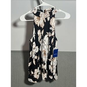 APT. 9 Women's Small Black White Floral Pleated Smocked Halter Swing Tank Top